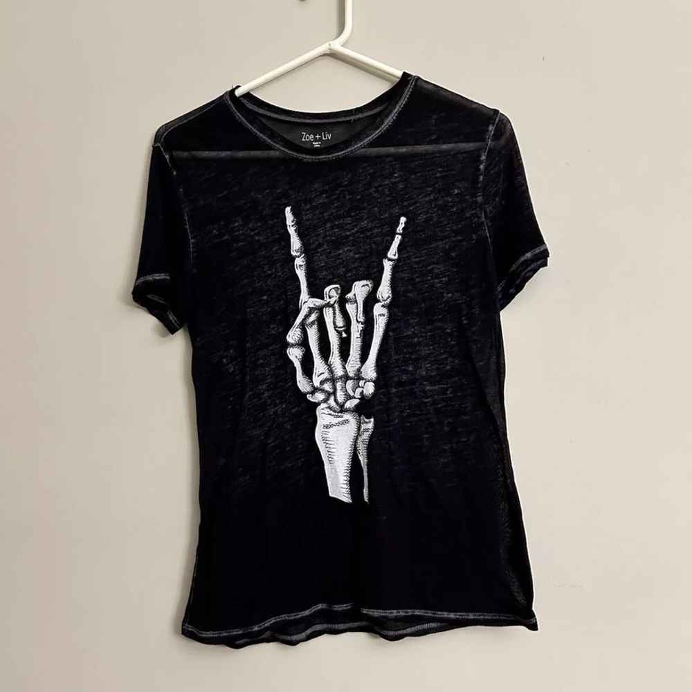 Zoe + Liv Women's Skeleton Hand Rock On Halloween Graphic Burnout T-Shirt Medium